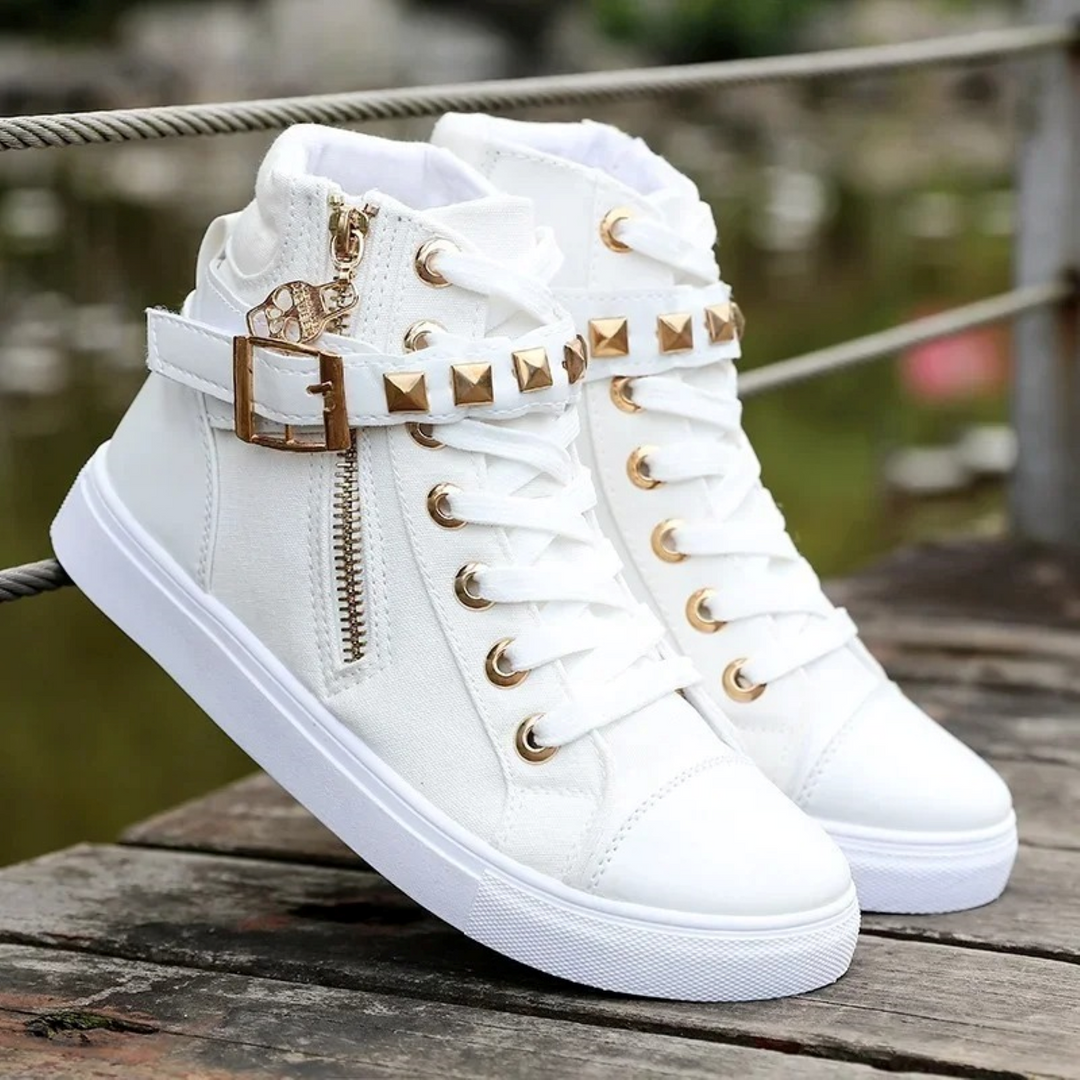 White Leather High Sneakers with Zip for Ladies - Ava-White-2.5-The Livary