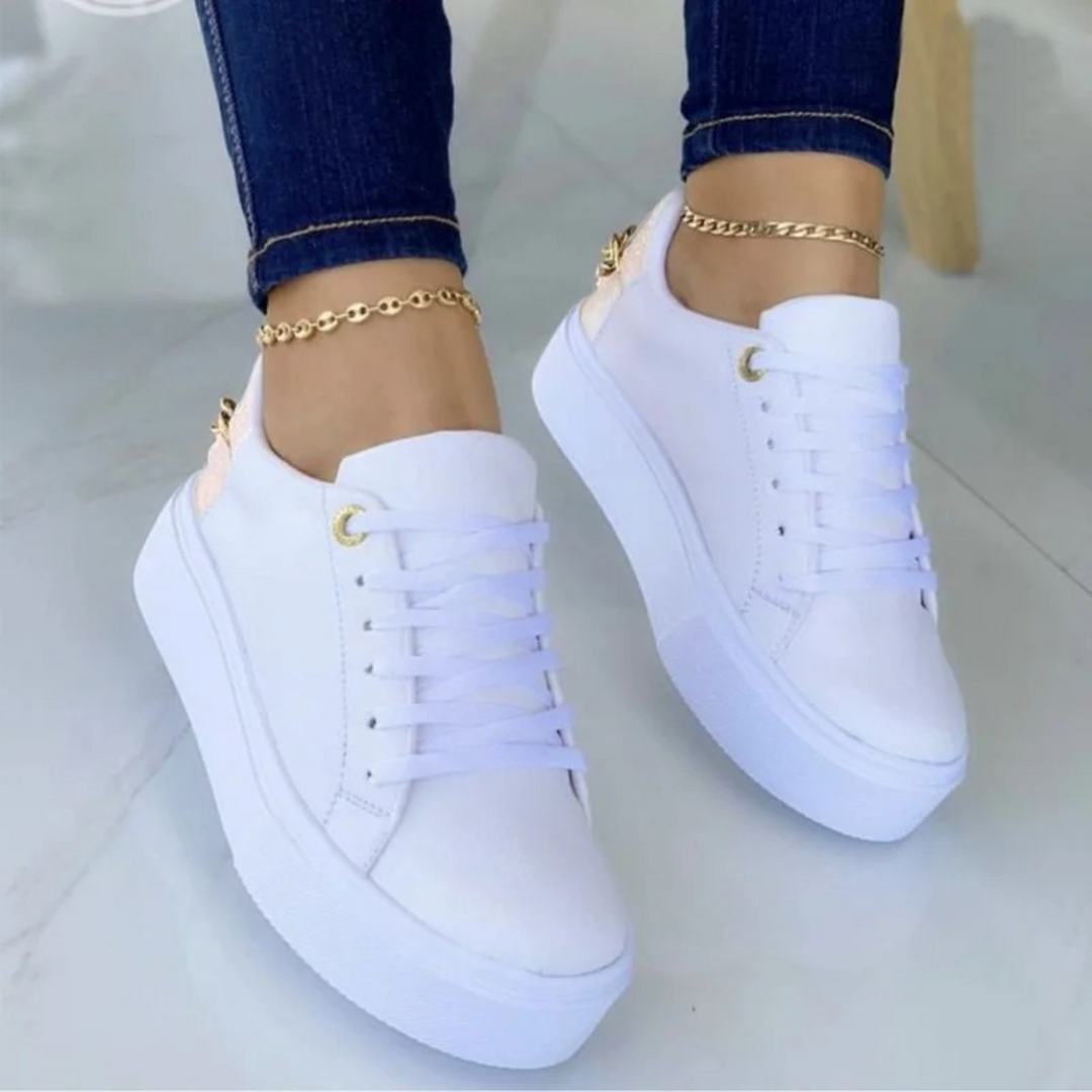 White Leather Sneakers with Metal Chain - ComfortStep-White-2.5-The Livary
