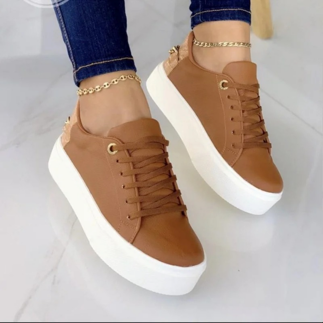 White Leather Sneakers with Metal Chain - ComfortStep-Brown-2.5-The Livary