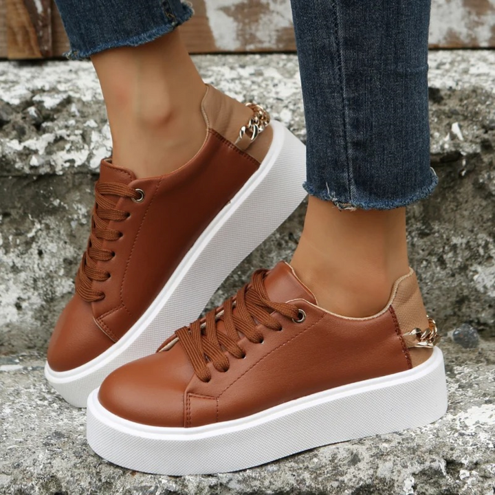 White Leather Sneakers with Metal Chain - ComfortStep-Dark brown-2.5-The Livary
