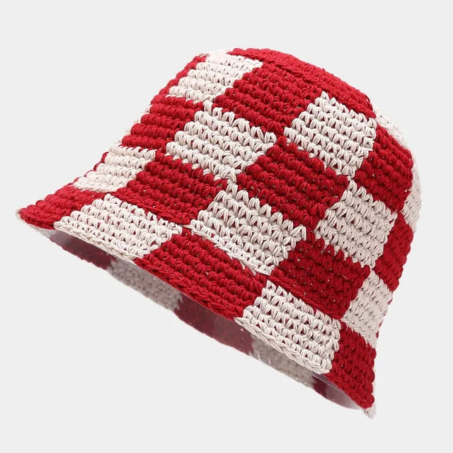 Crocheted ladies' fisherman's hat with check pattern – Faye-Red White-The Livary