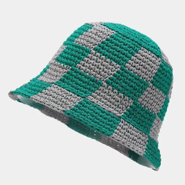 Crocheted ladies' fisherman's hat with check pattern – Faye-Green White-The Livary