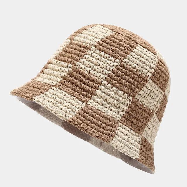 Crocheted ladies' fisherman's hat with check pattern – Faye-Brown White-The Livary