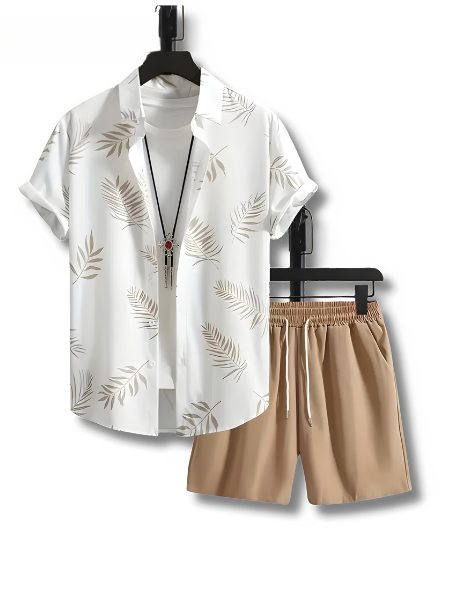 Two-piece summer set men leaf print shirt and shorts - Kiano-M(48)-The Livary