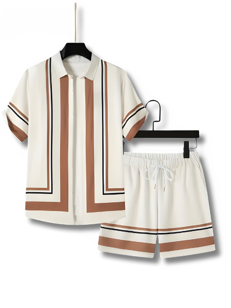 Two-piece set with striped print short-sleeve shirt and shorts - Mateo-Apricot-M-The Livary