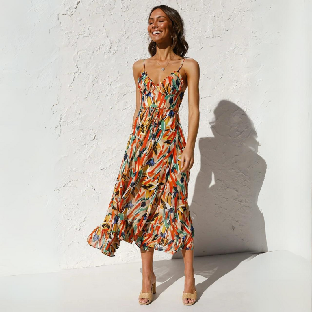 Summer dress with print and backless design – Elora-Yellow-S-The Livary