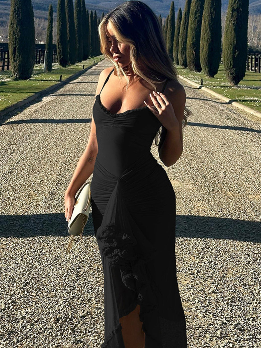 Trendy maxi dress with ruffles and spaghetti straps – Loyza-Black-XS-The Livary