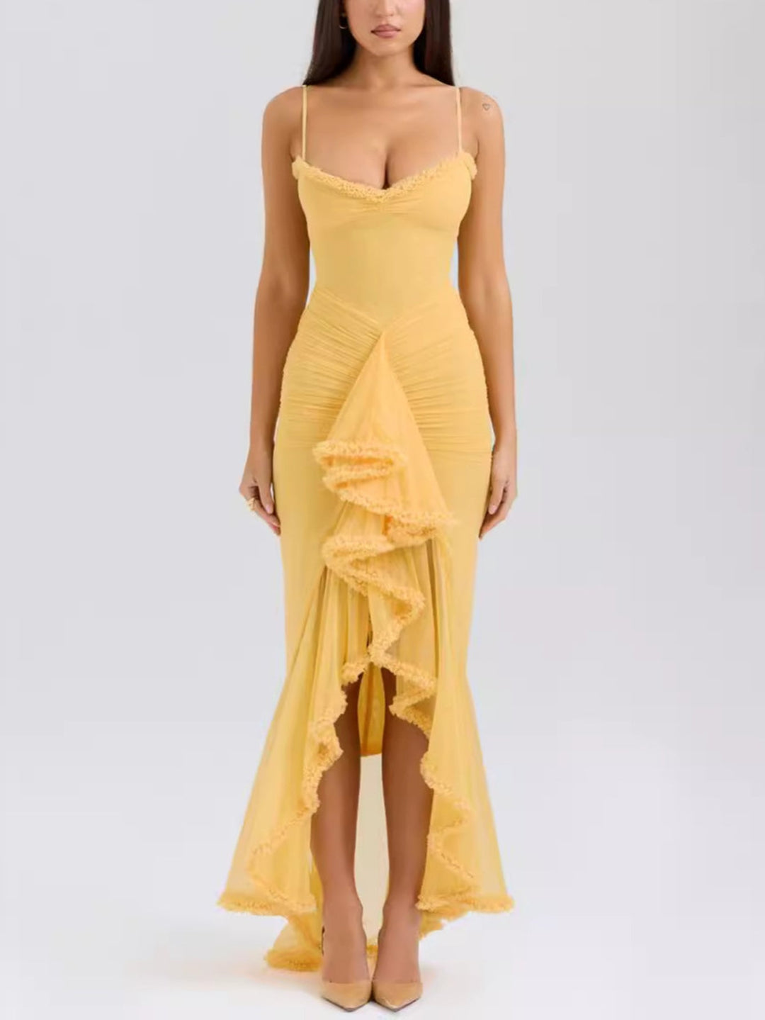 Trendy maxi dress with ruffles and spaghetti straps – Loyza-Yellow-XS-The Livary