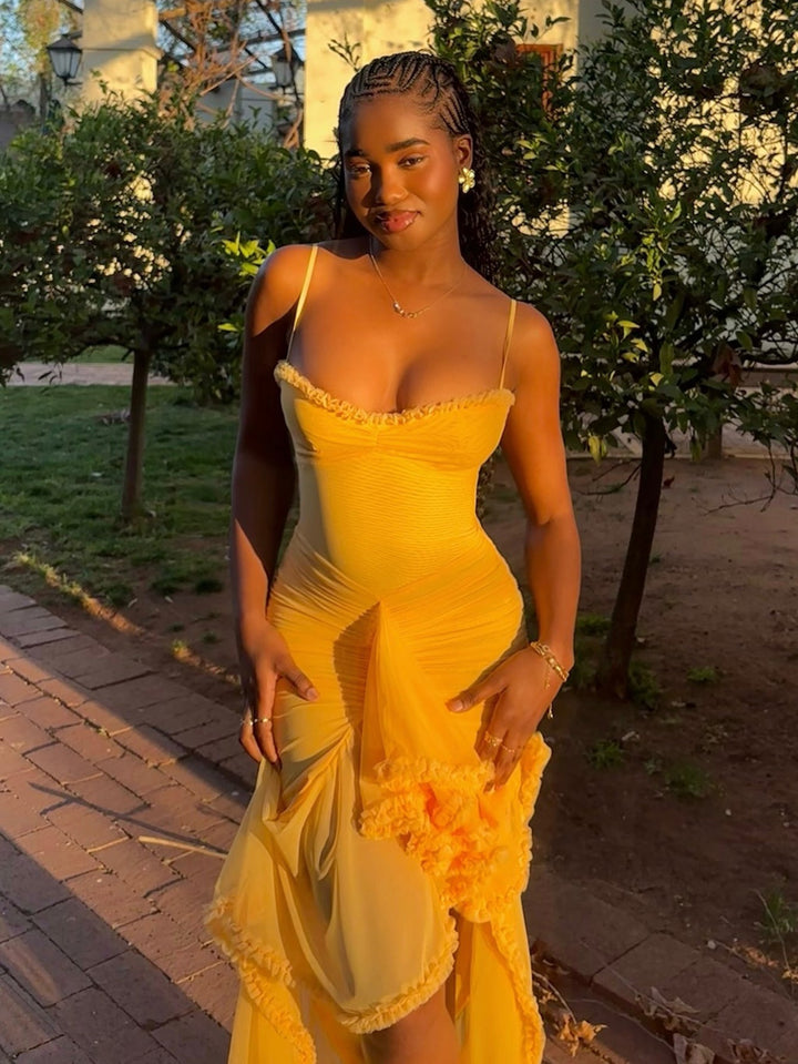 Trendy maxi dress with ruffles and spaghetti straps – Loyza-Yellow-XS-The Livary