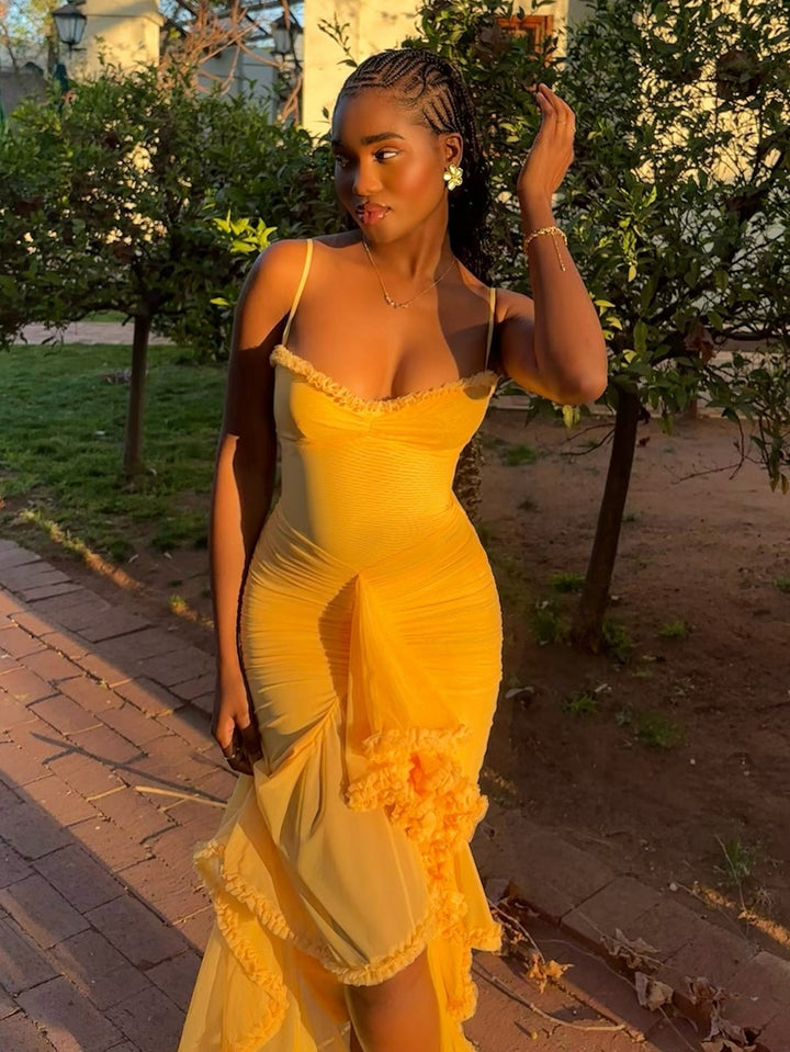 Trendy maxi dress with ruffles and spaghetti straps – Loyza-Yellow-XS-The Livary