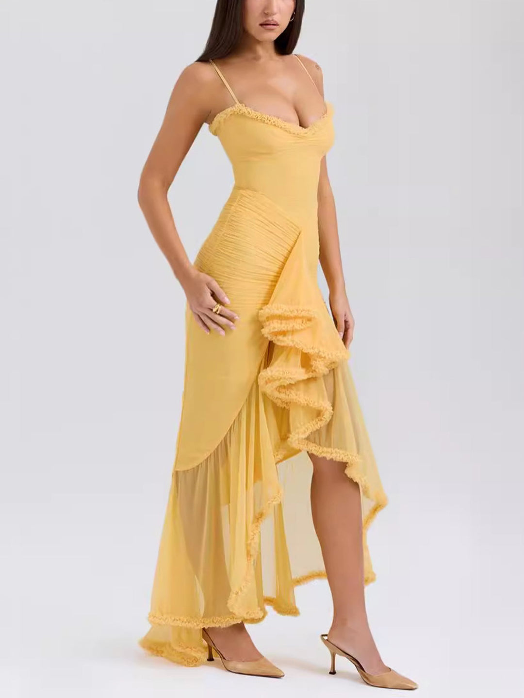 Trendy maxi dress with ruffles and spaghetti straps – Loyza-Yellow-XS-The Livary