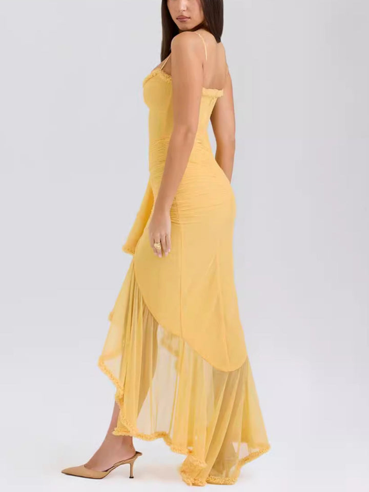 Trendy maxi dress with ruffles and spaghetti straps – Loyza-Yellow-XS-The Livary