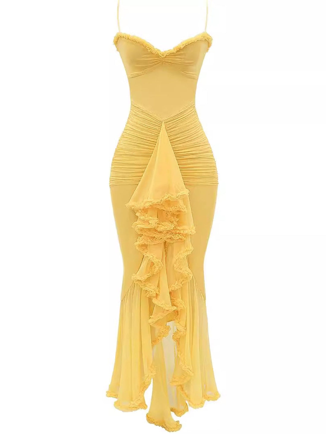 Trendy maxi dress with ruffles and spaghetti straps – Loyza-Yellow-XS-The Livary