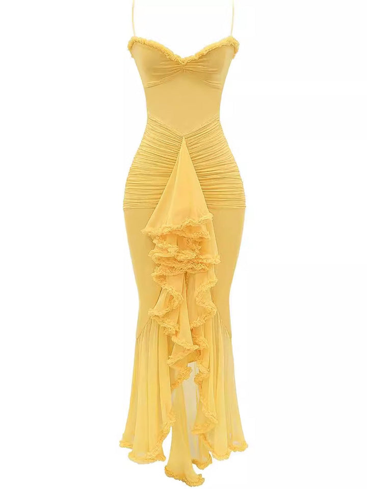Trendy maxi dress with ruffles and spaghetti straps – Loyza-Yellow-XS-The Livary