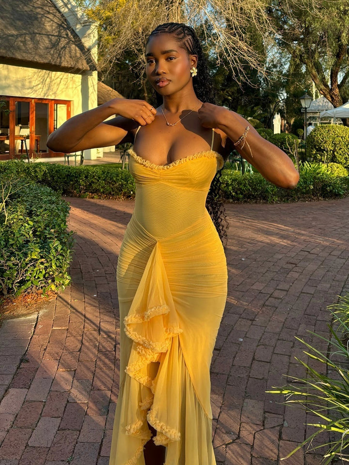 Trendy maxi dress with ruffles and spaghetti straps – Loyza-Yellow-XS-The Livary