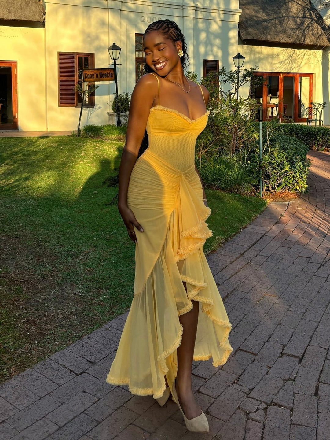 Trendy maxi dress with ruffles and spaghetti straps – Loyza-Yellow-XS-The Livary