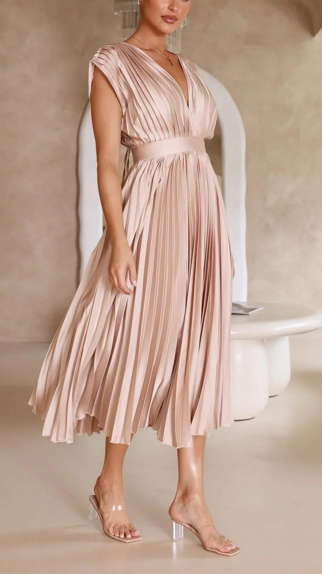 Trendy V-Neck Dress with Tie Closure - Isabella