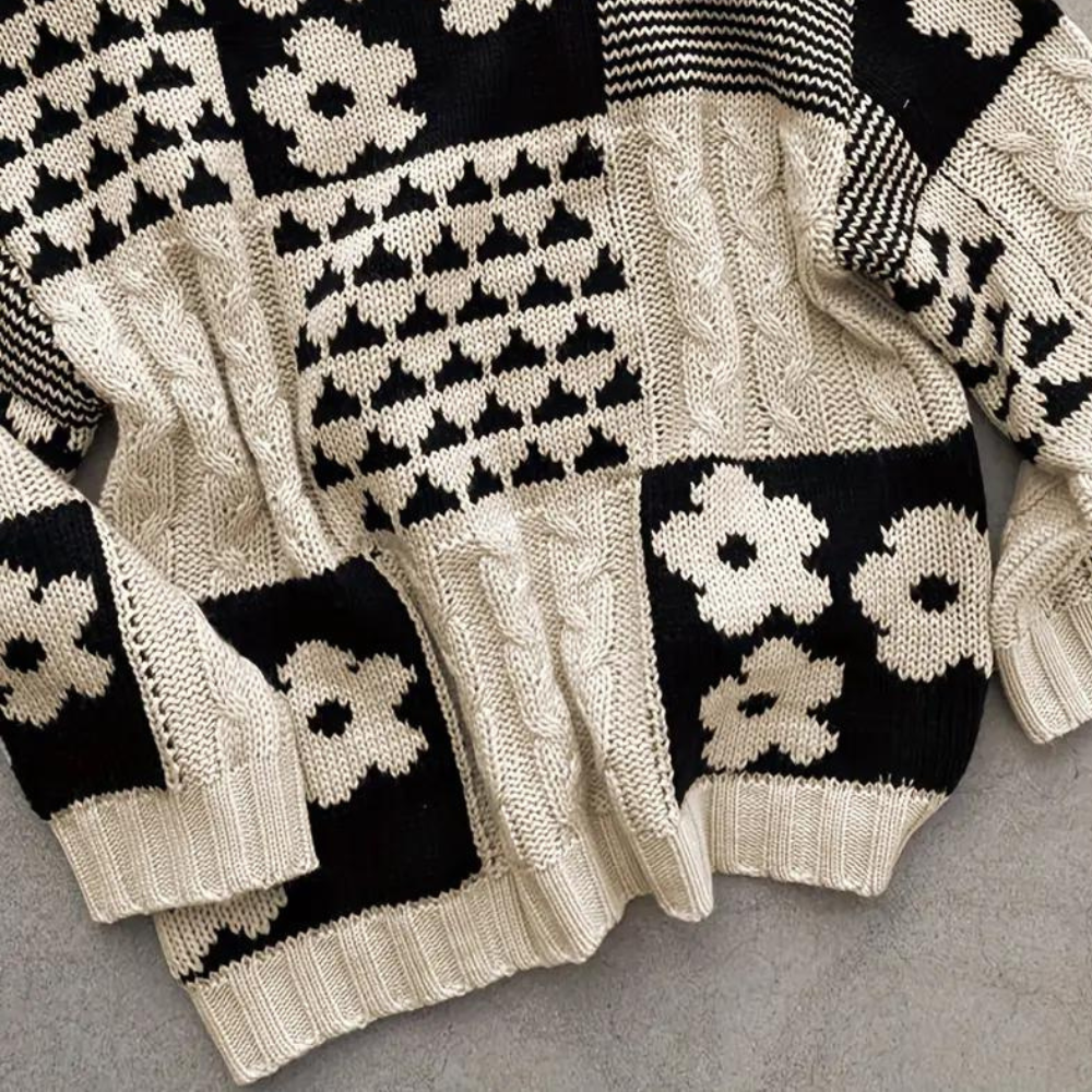 Loose Falling Knitted Ladies Sweater with Floral Print - Lilou-XS-The Livary