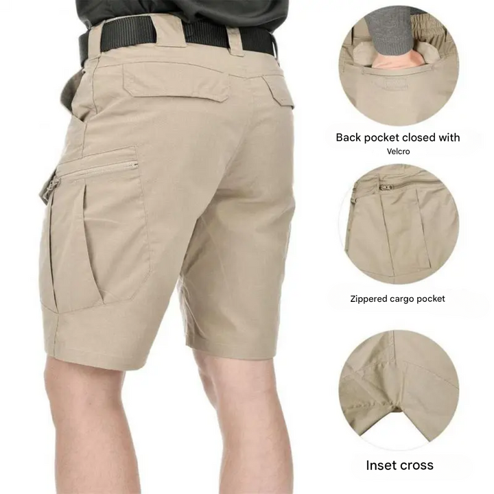 Men's outdoor shorts with 6 zip pockets - FlexTrek cargo shorts-Light brown-S-The Livary