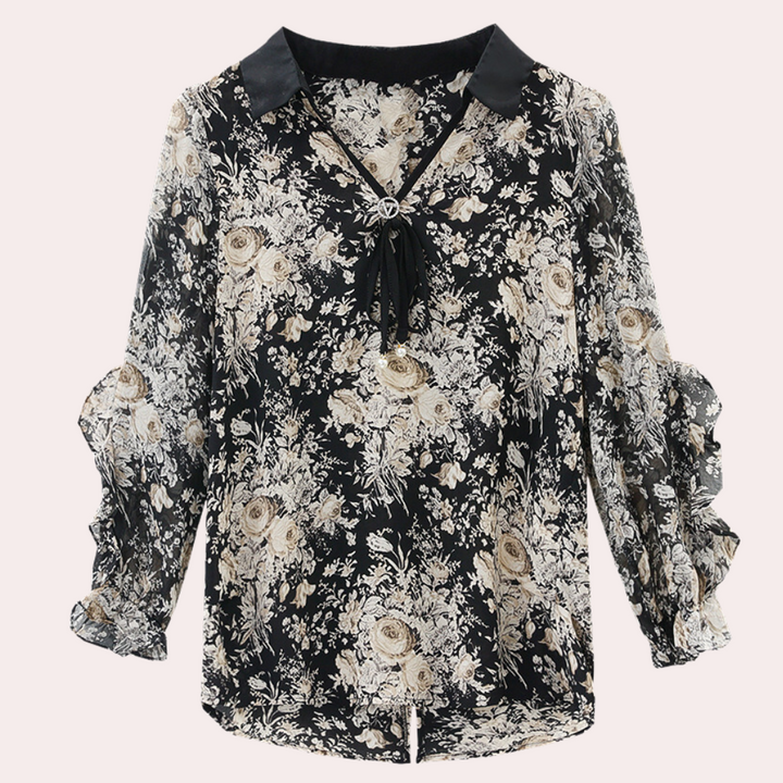 Floral Black Blouse with Collar for Women - Noëlle-XS-The Livary