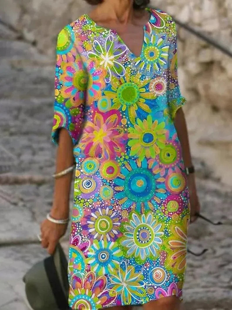 V-Neck Dress with Floral Print - Luna-Green-S-The Livary