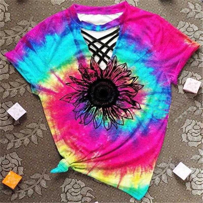 Trendy women's T-shirt with cut-out design and tie-dye pattern – Norina-A-S-The Livary