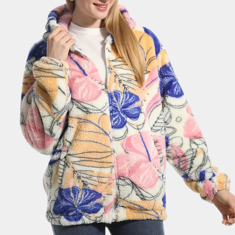 Warm Ladies' Coat with Hood and Floral Print - Elira-XS-The Livary
