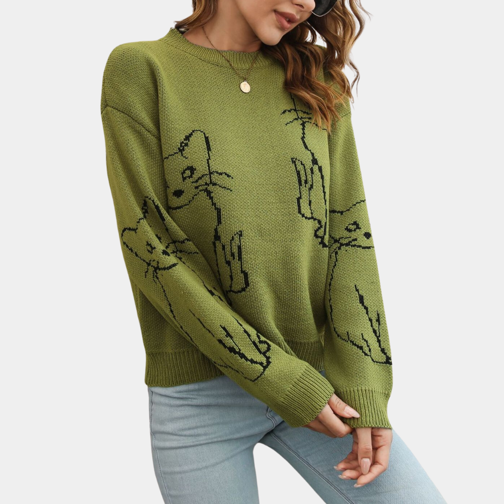 Kebell - Trendy Ladies' Sweater with Cats-Green-XS-The Livary