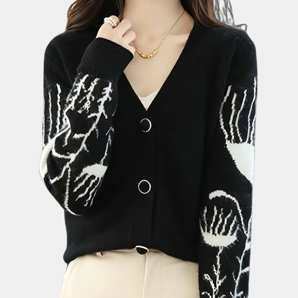Warm V-neck Cardigan for Women - Elin-Black-The Livary