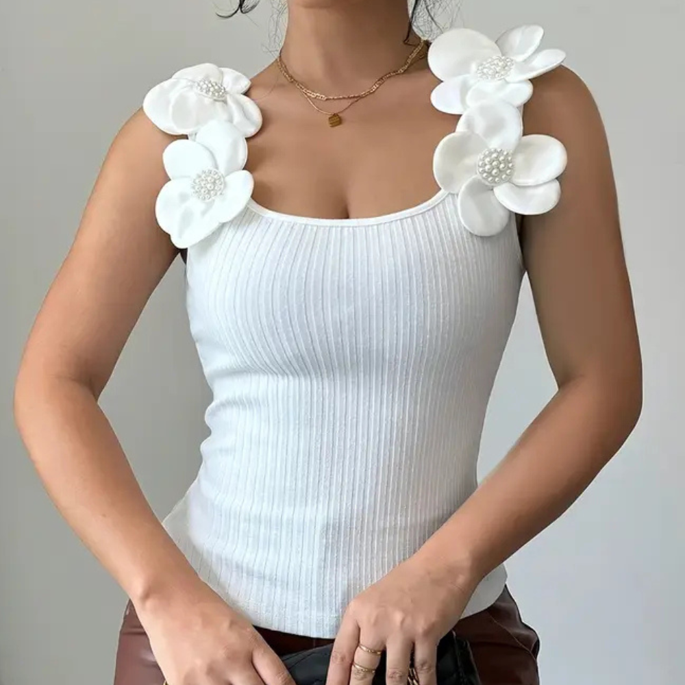 Trendy White Sleeveless Ladies' Top with Floral Details - Elara-XS-The Livary