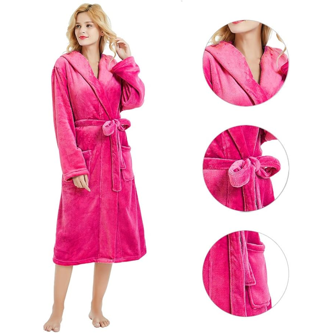 Ladies Fleece Bathrobe with Hood – Vivianne-Bordeaux red-S-M-The Livary