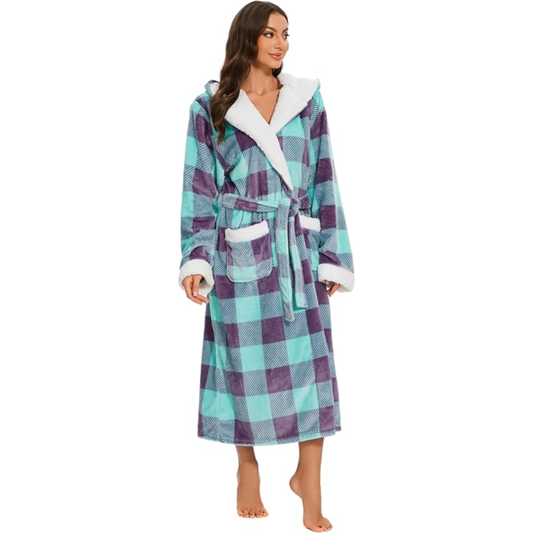 Fluffy Fleece Hooded Bathrobe for Women - Feline-Blue-S-The Livary
