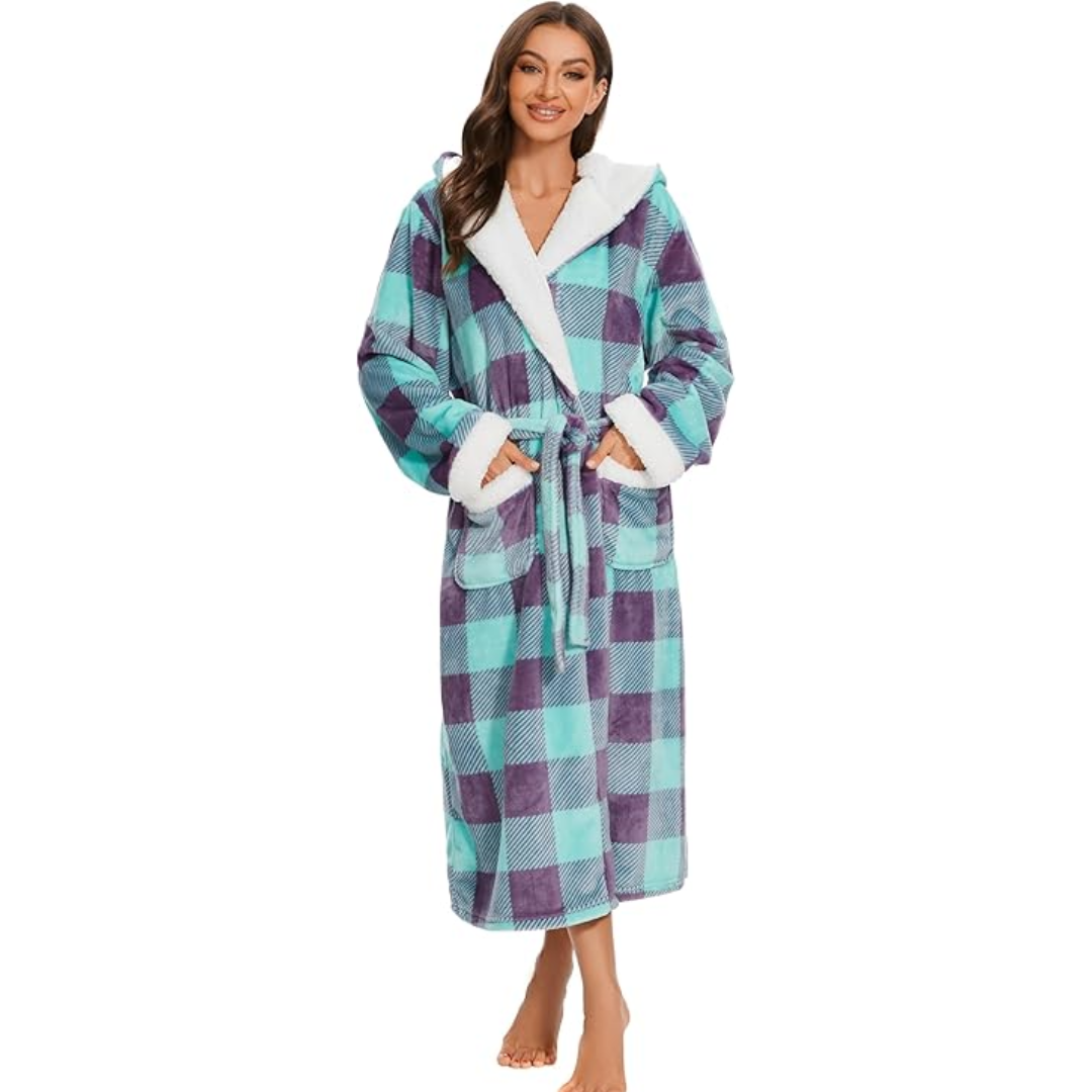 Fluffy Fleece Hooded Bathrobe for Women - Feline-Blue-S-The Livary