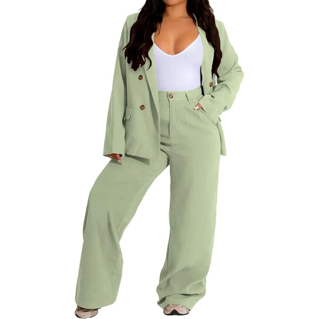 Two-Piece Blazer & Wide Trousers Women's Business Suit - Wendy-Light green-S-The Livary