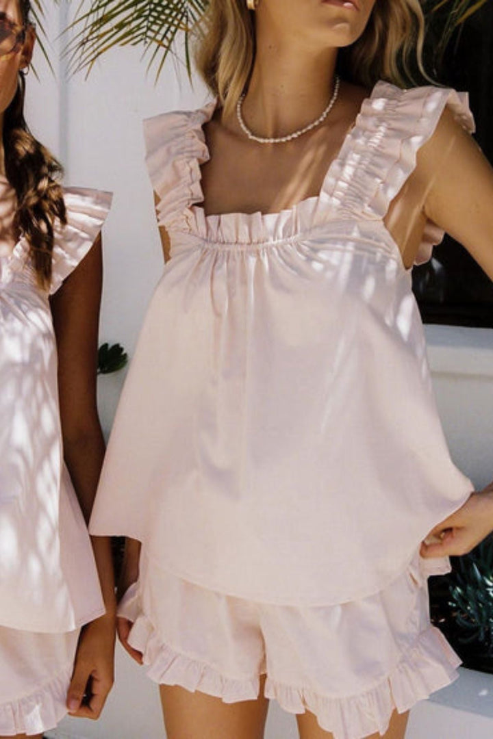 Two-piece ruffle pyjama set for summer – Nia-Pink-S-The Livary