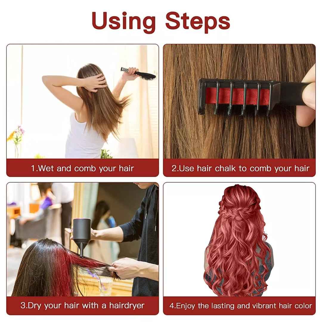 Washable Hair Chalk Comb – Fun Temporary Hair Colour-Blue-Yellow-Purple-Red-Green-Pink-The Livary