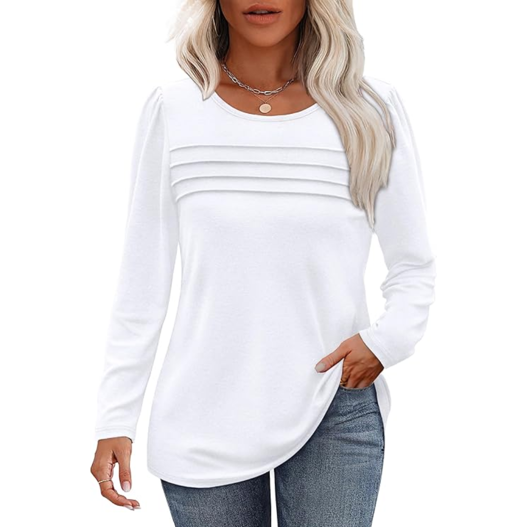 Trendy Pleated Long Sleeve Tunic Top - Sarah-White-M-The Livary