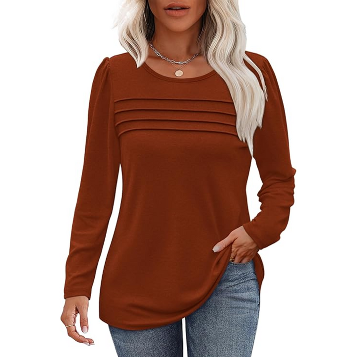 Trendy Pleated Long Sleeve Tunic Top - Sarah-Caramel-M-The Livary