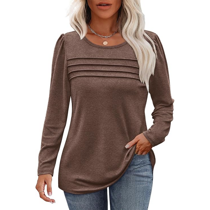 Trendy Pleated Long Sleeve Tunic Top - Sarah-Coffee-M-The Livary