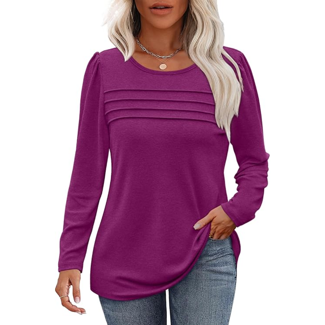 Trendy Pleated Long Sleeve Tunic Top - Sarah-Fuchsia-M-The Livary