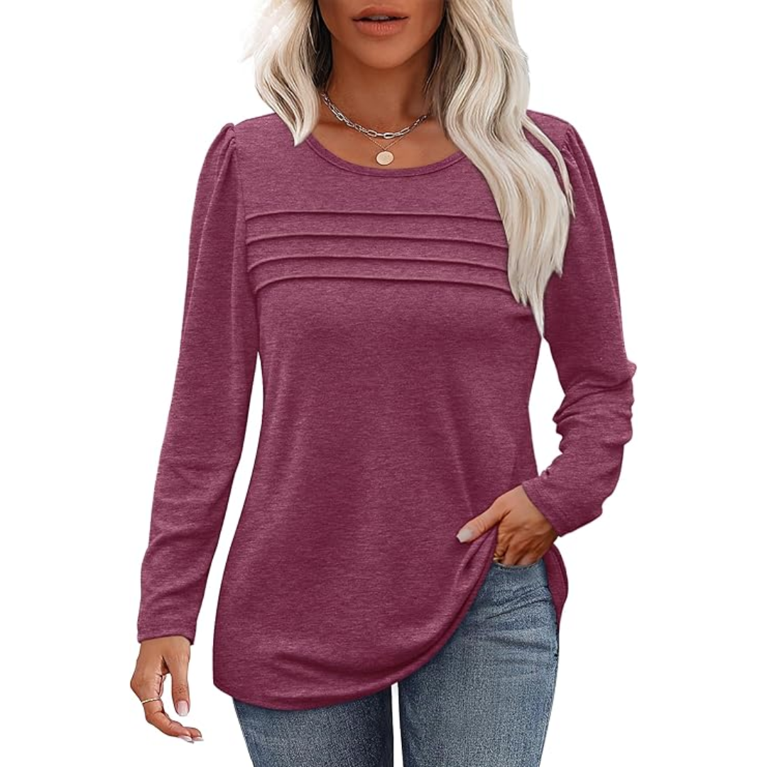 Trendy Pleated Long Sleeve Tunic Top - Sarah-Red-M-The Livary