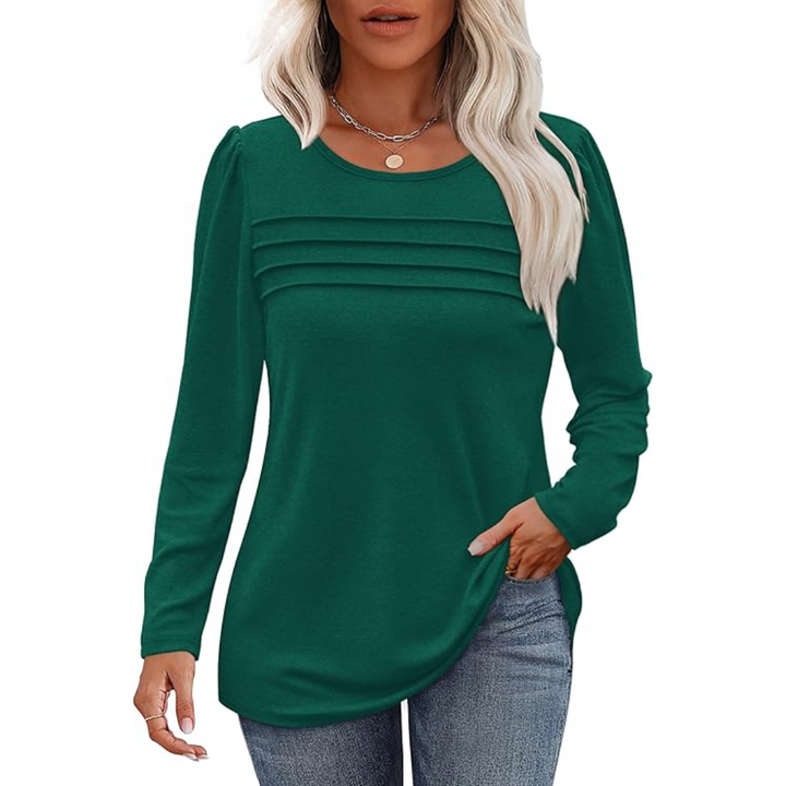 Trendy Pleated Long Sleeve Tunic Top - Sarah-Green-M-The Livary