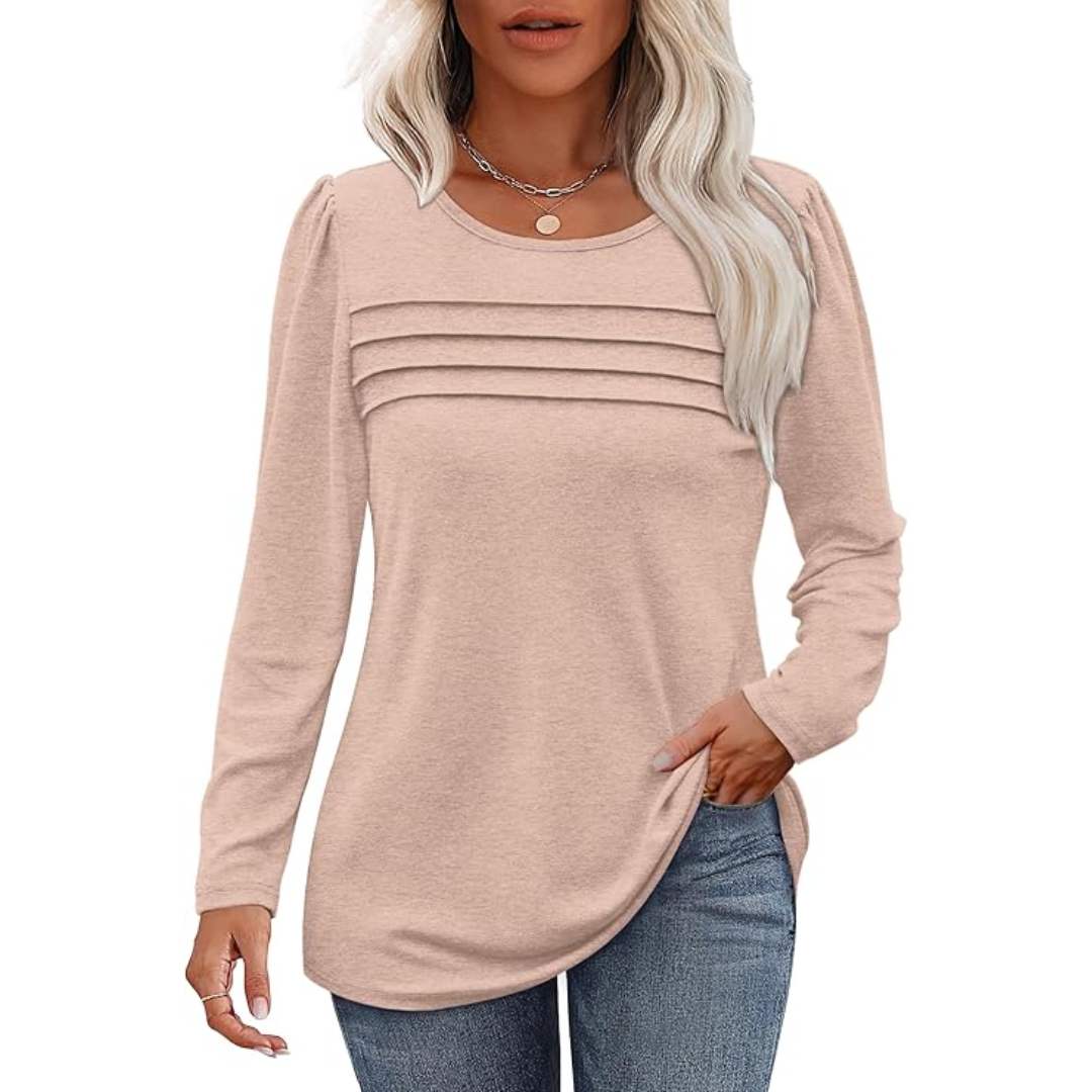 Trendy Pleated Long Sleeve Tunic Top - Sarah-Khaki-M-The Livary