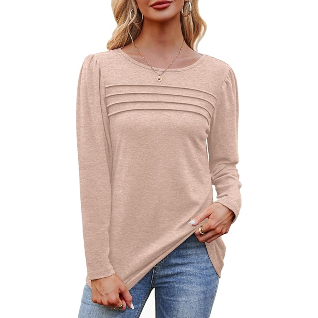 Trendy Pleated Long Sleeve Tunic Top - Sarah-White-M-The Livary