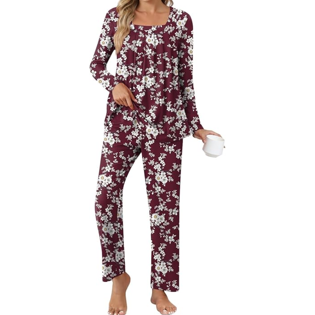 Comfy 2-Piece Lounge Pyjama with Pockets - Laetitia-Bordeaux/White flowers-M-The Livary