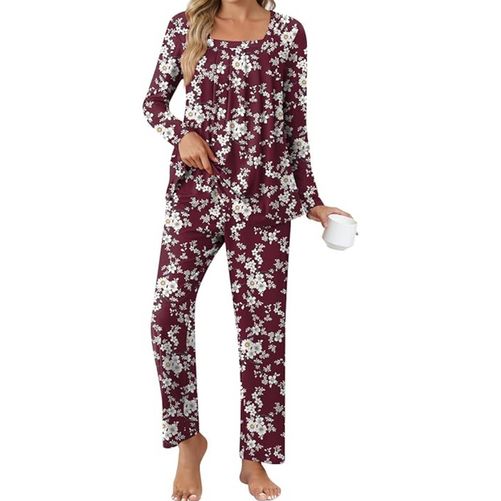 Comfy 2-Piece Lounge Pyjama with Pockets - Laetitia-Bordeaux/White flowers-M-The Livary