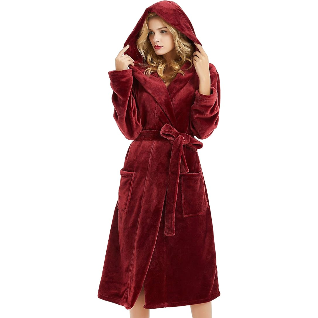 Ladies Fleece Bathrobe with Hood – Vivianne-Bordeaux red-S-M-The Livary