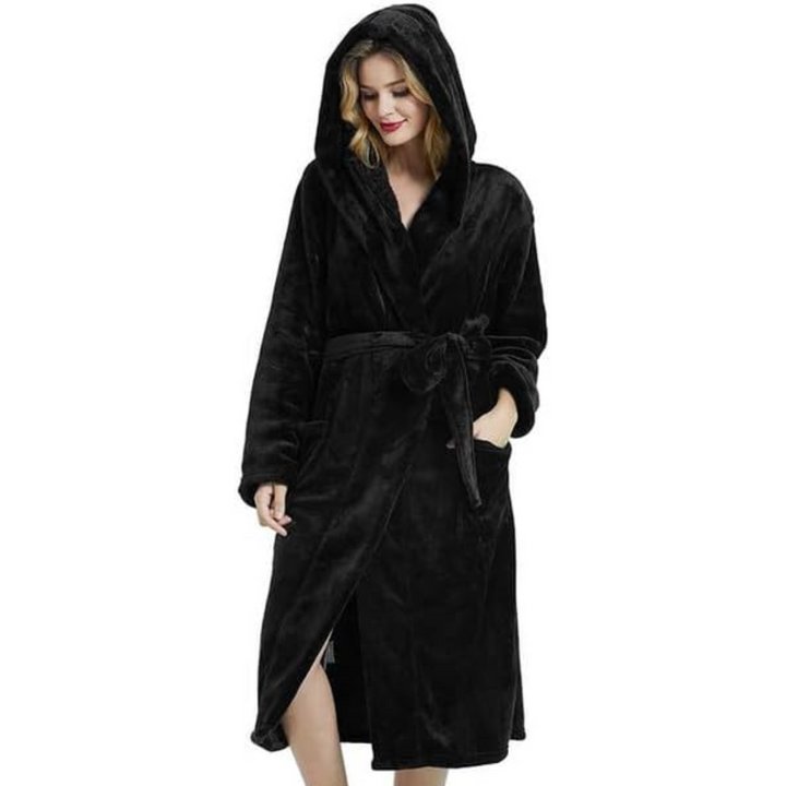 Ladies Fleece Bathrobe with Hood – Vivianne-Black-S-M-The Livary