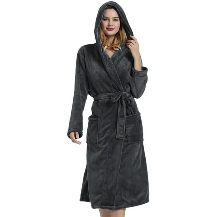 Ladies Fleece Bathrobe with Hood – Vivianne-Dark grey-S-M-The Livary