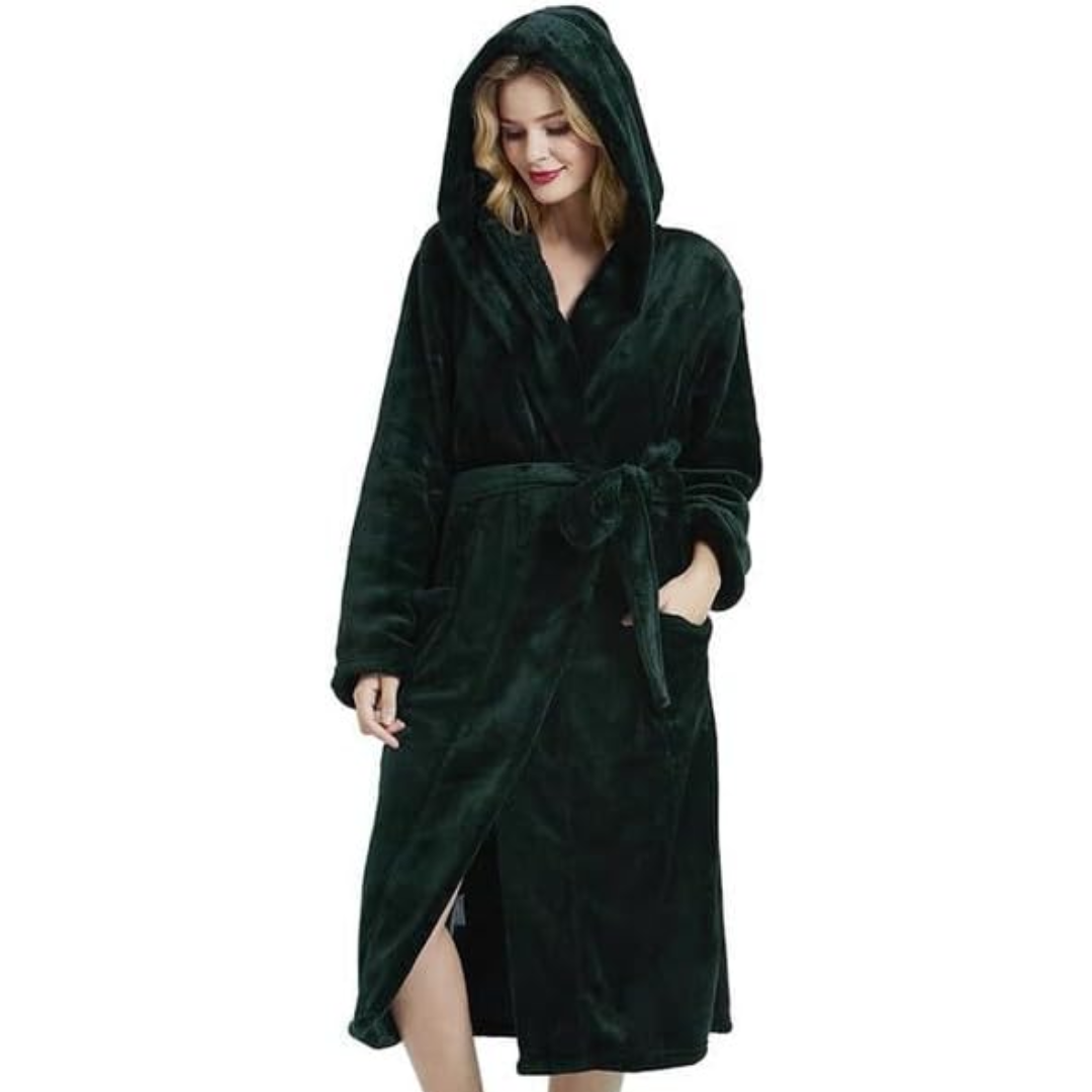 Ladies Fleece Bathrobe with Hood – Vivianne-Dark green-S-M-The Livary